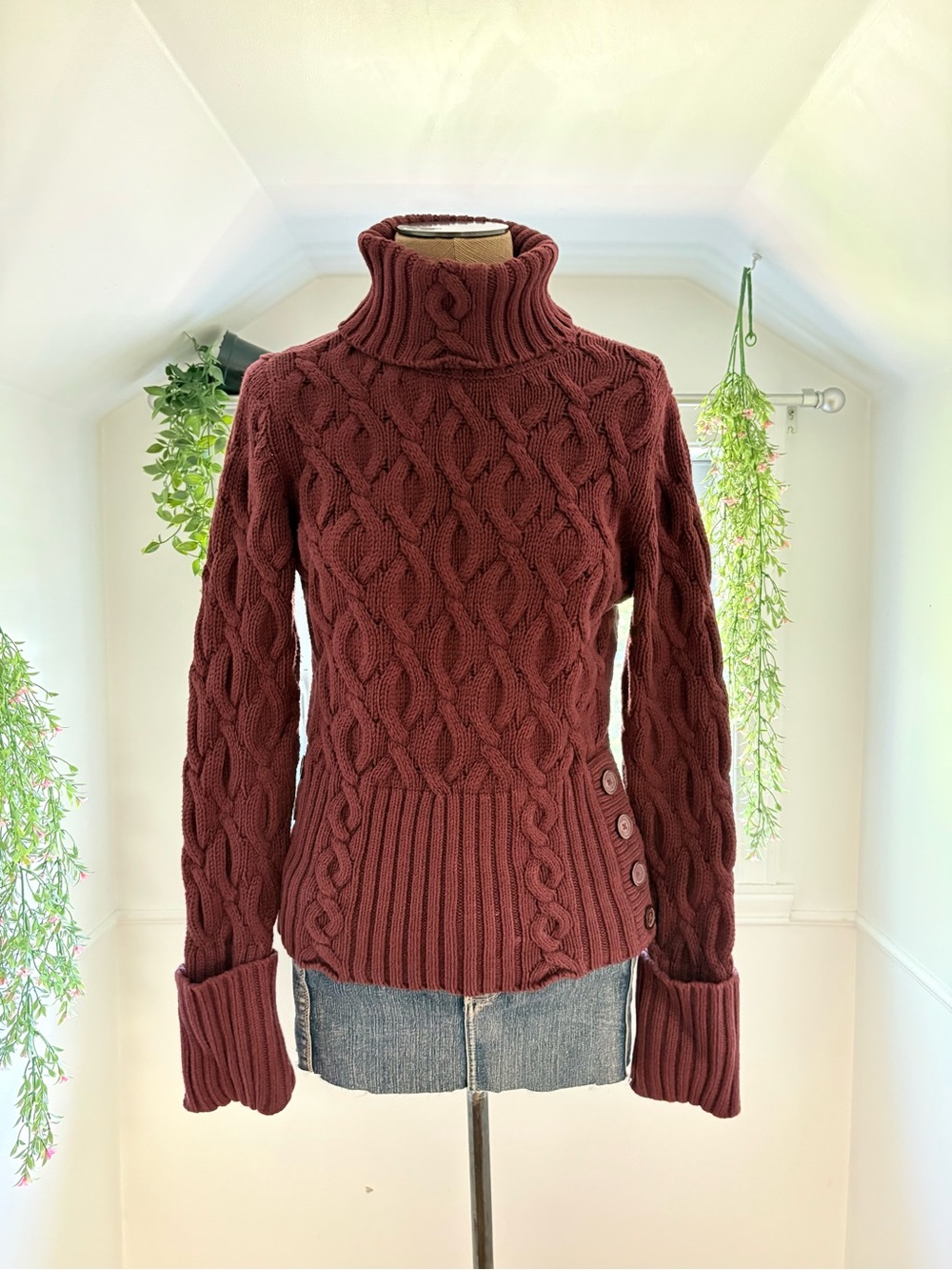 Tommy Hilfiger Burgundy Cable Knit Turtleneck Sweater